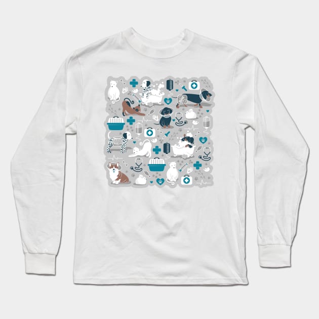 Veterinary medicine, happy and healthy friends // grey background turquoise details navy blue white and brown cats dogs and other animals Long Sleeve T-Shirt by SelmaCardoso